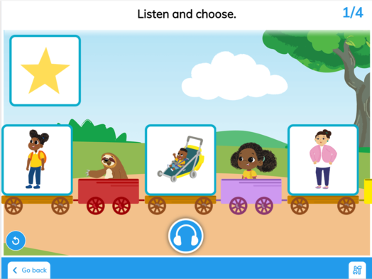 A colorful train carrying children, with a bright star shining above it in a clear blue sky.
