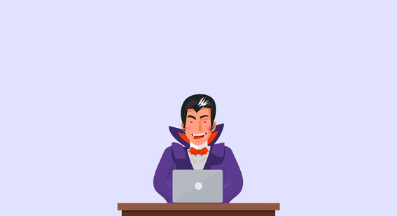 An illustration of a vampire working at a laptop.